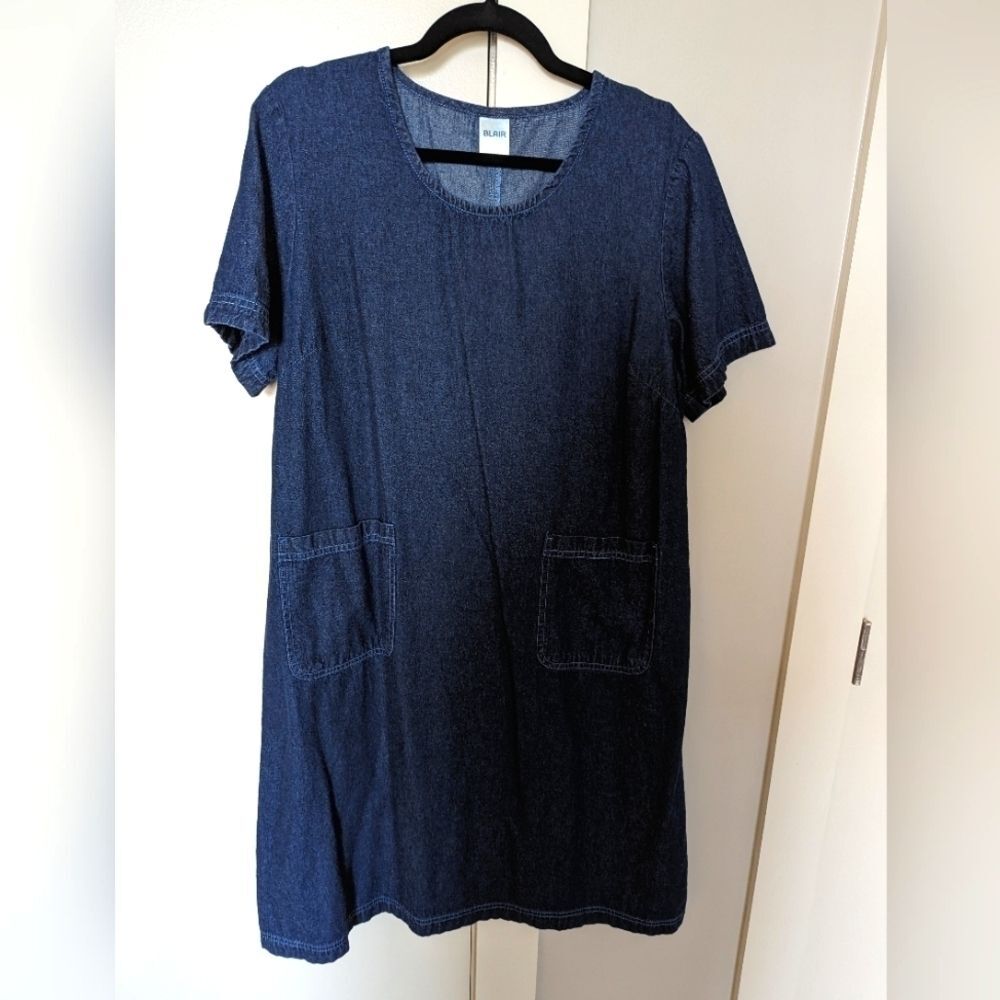 Blair vintage mini denim shift dress with pockets minimalist sz L
